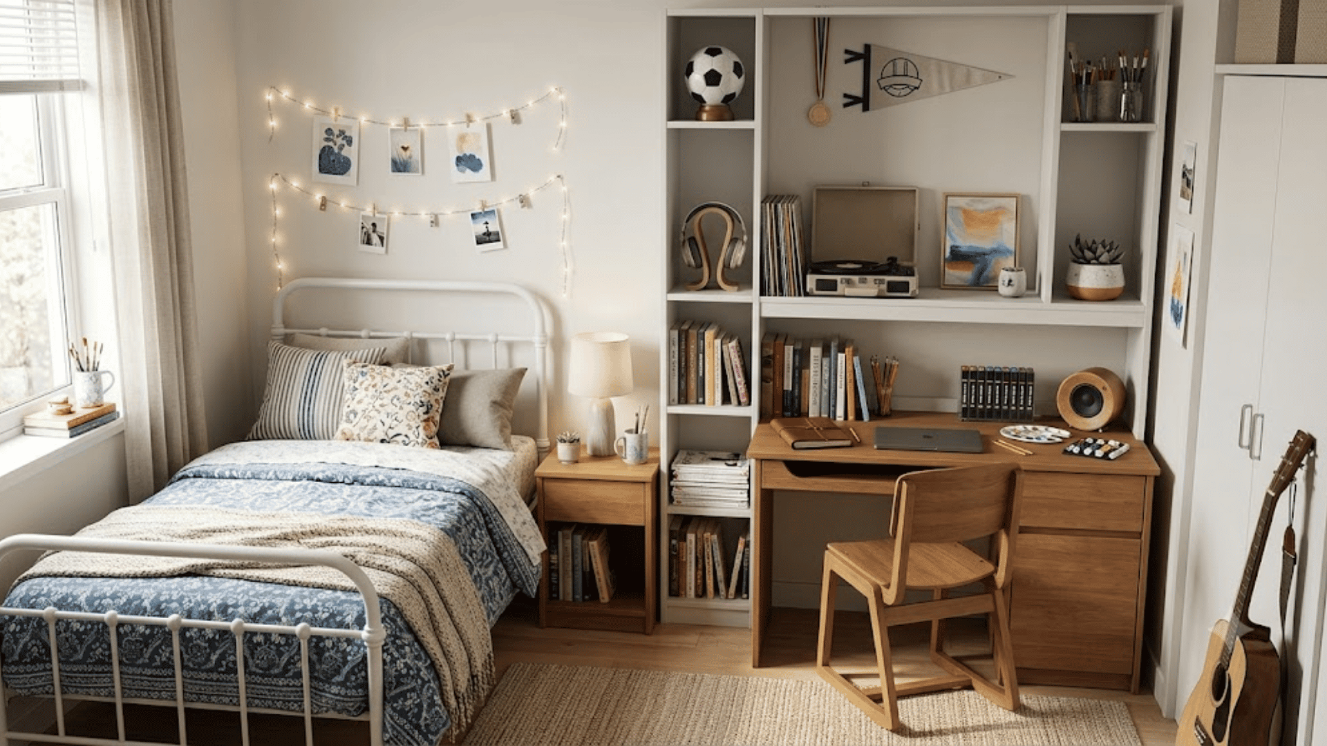 Dorm inspo bedroom with hobby shelves for sports, music, and art displays