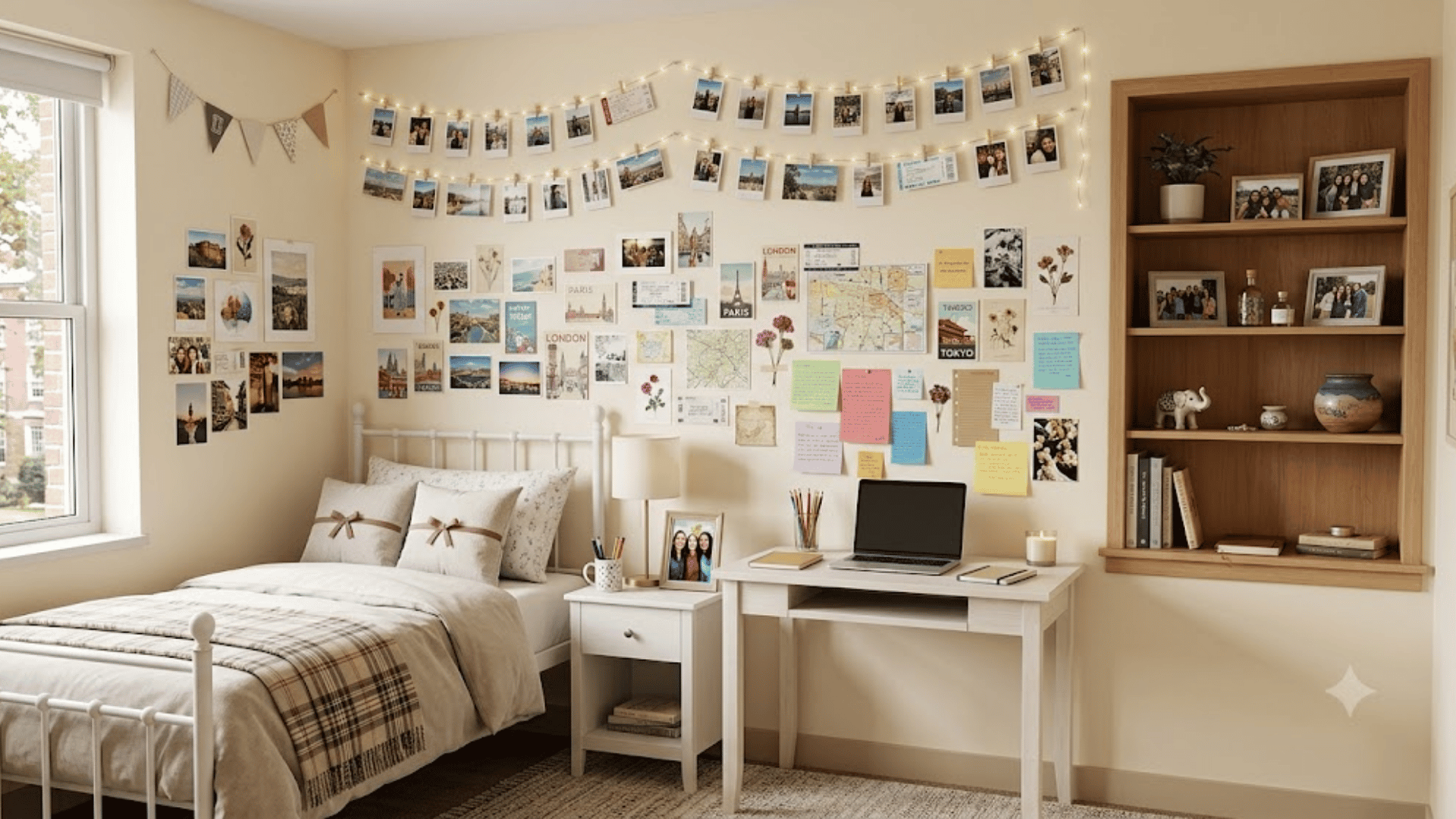 Dorm inspo bedroom with travel photo wall, string lights, and cozy plaid bedding