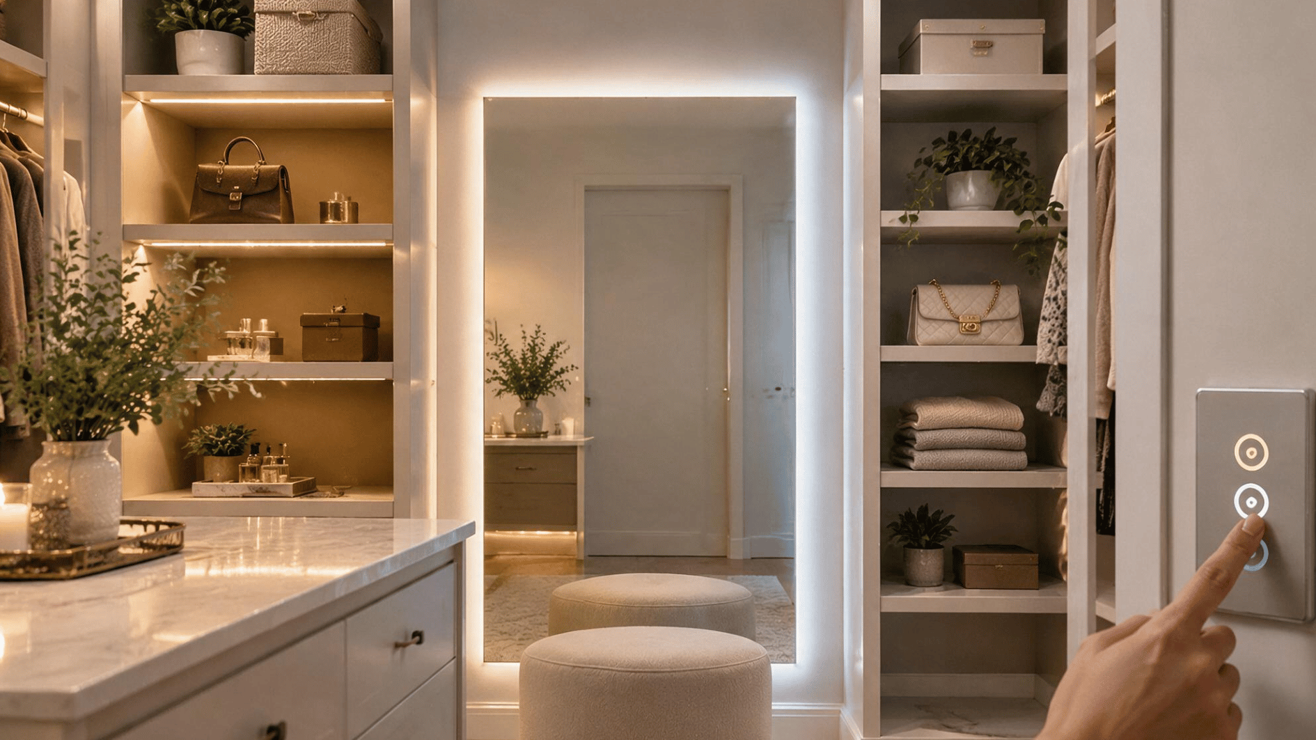 adjustable led mirror lighting in a walk in closet with illuminated shelves and touch wall controls