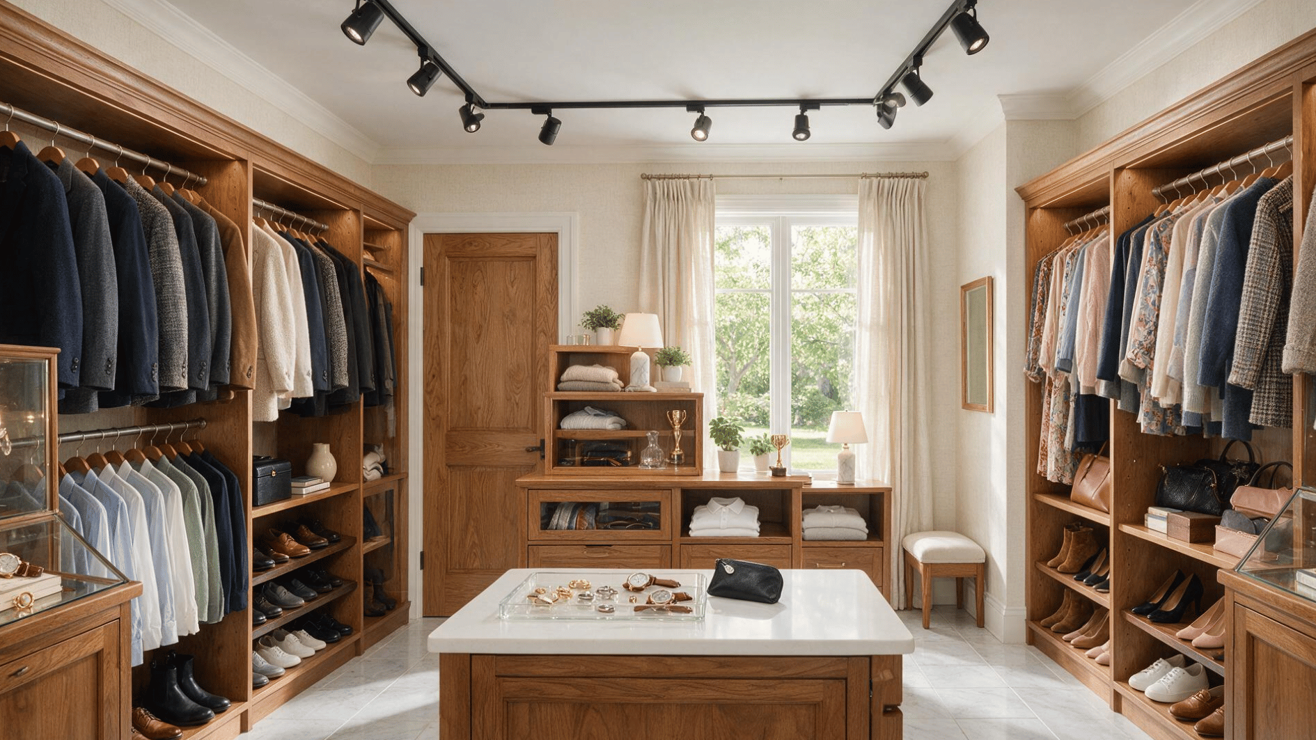adjustable track lights directing light toward hanging clothes shelves and shoe storage