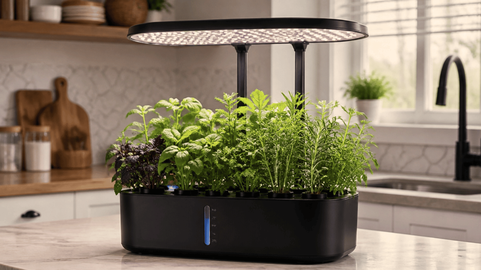 Affordable 12-pod hydroponic system with LED lights and water indicator.