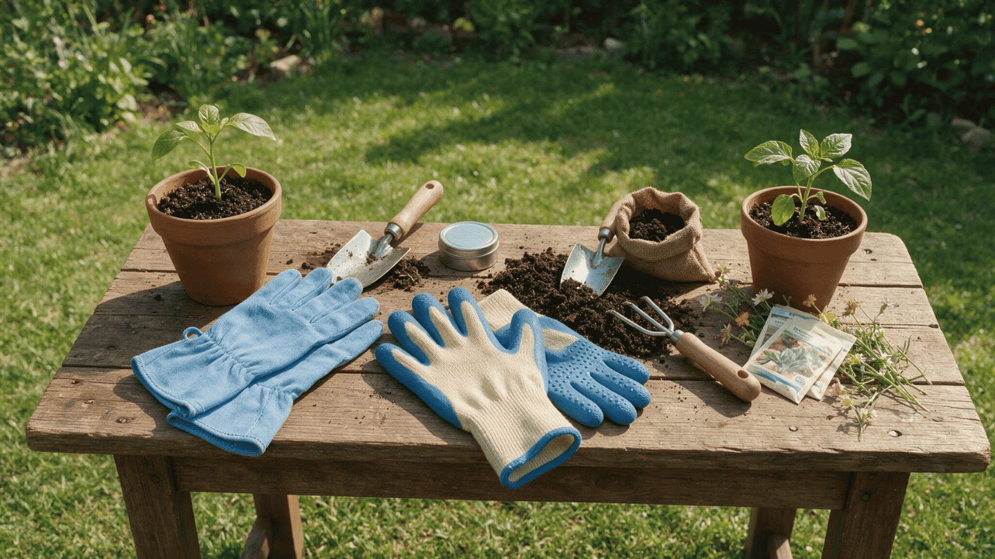 Affordable best gardening gloves for planting and light yard work arranged with basic garden tools.