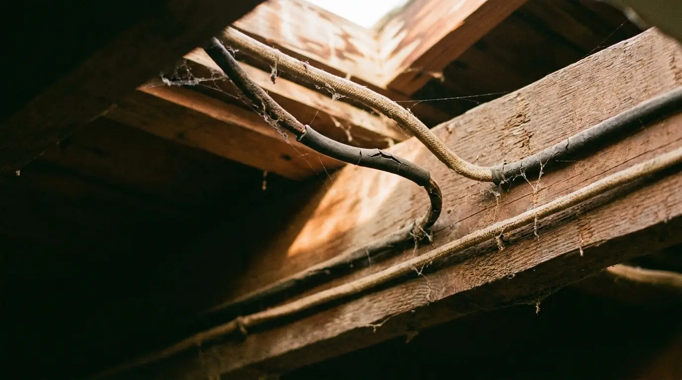 Aged wooden beams with exposed wires and cobwebs in a dimly lit attic space