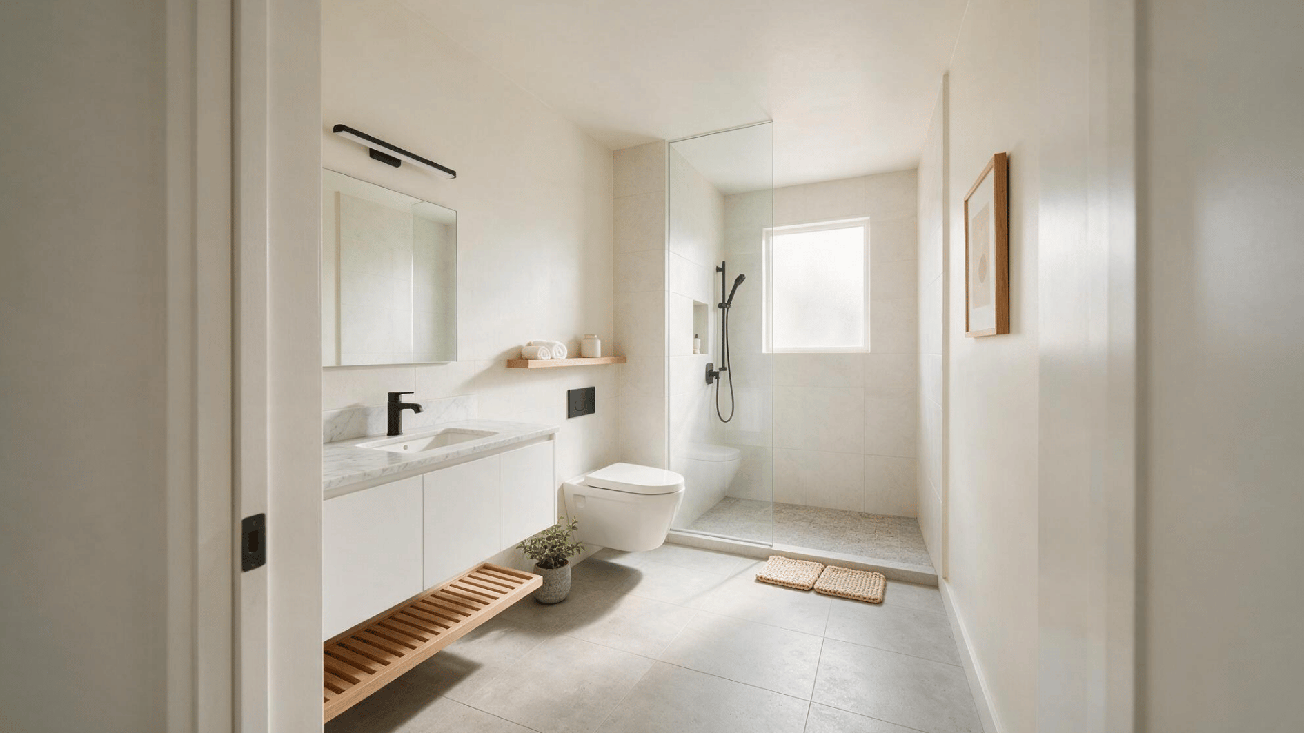 airy bathroom with floating vanity wall hung toilet glass shower pale tile warm wood accents and natural light