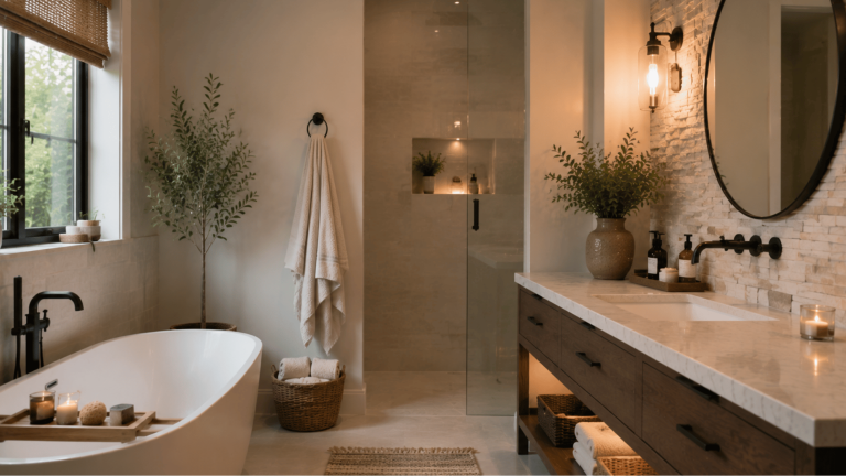 Alt text modern bathroom with stylish accent wall, vanity, bathtub, and warm lighting in a spacious interior