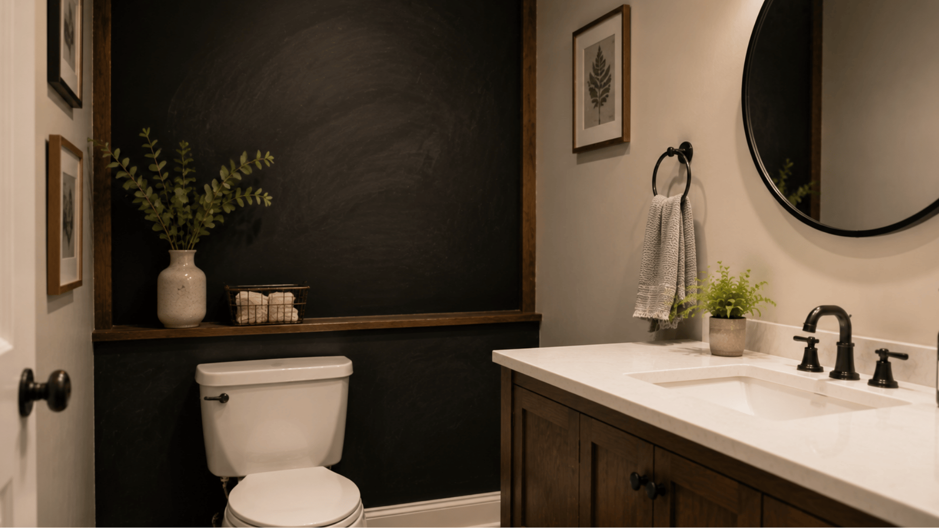 **Alt text:** powder room with chalkboard paint accent wall behind vanity and framed dark wall finish