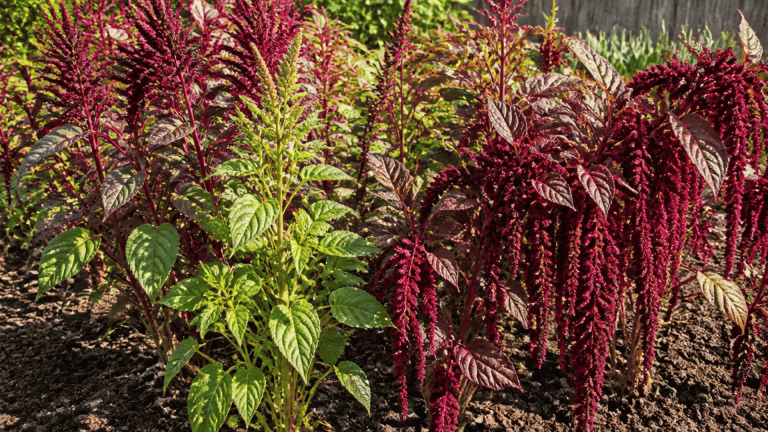 Amaranth plants with deep red flower spikes and green leaves growing in garden soil.