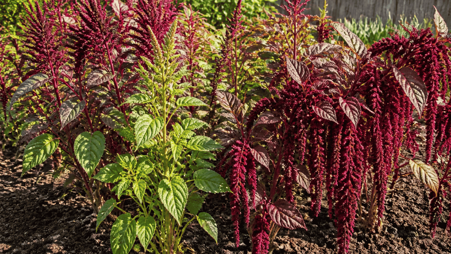 Amaranth plants with deep red flower spikes and green leaves growing in garden soil.