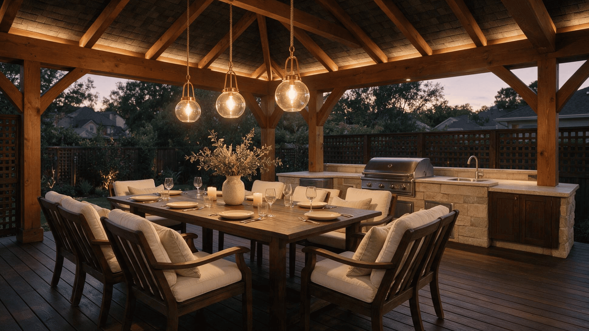 american backyard deck with landscape lighting highlighting plants and garden areas