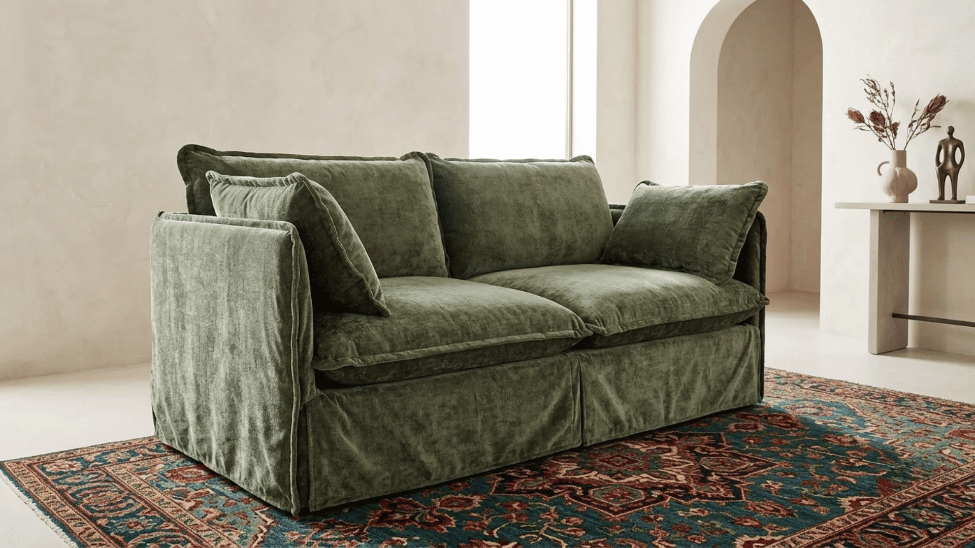 green velvet two seat sofa with loose cushions placed on a patterned rug in a bright neutral showroom