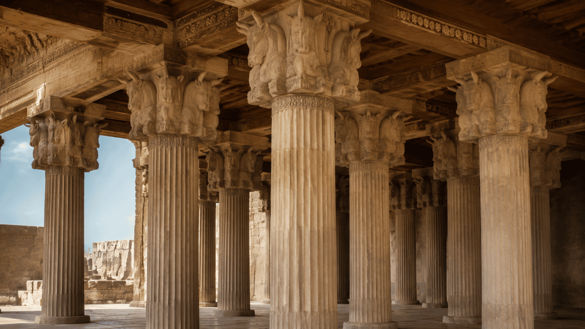 ancient persian palace columns with detailed bull capitals and stone carvings