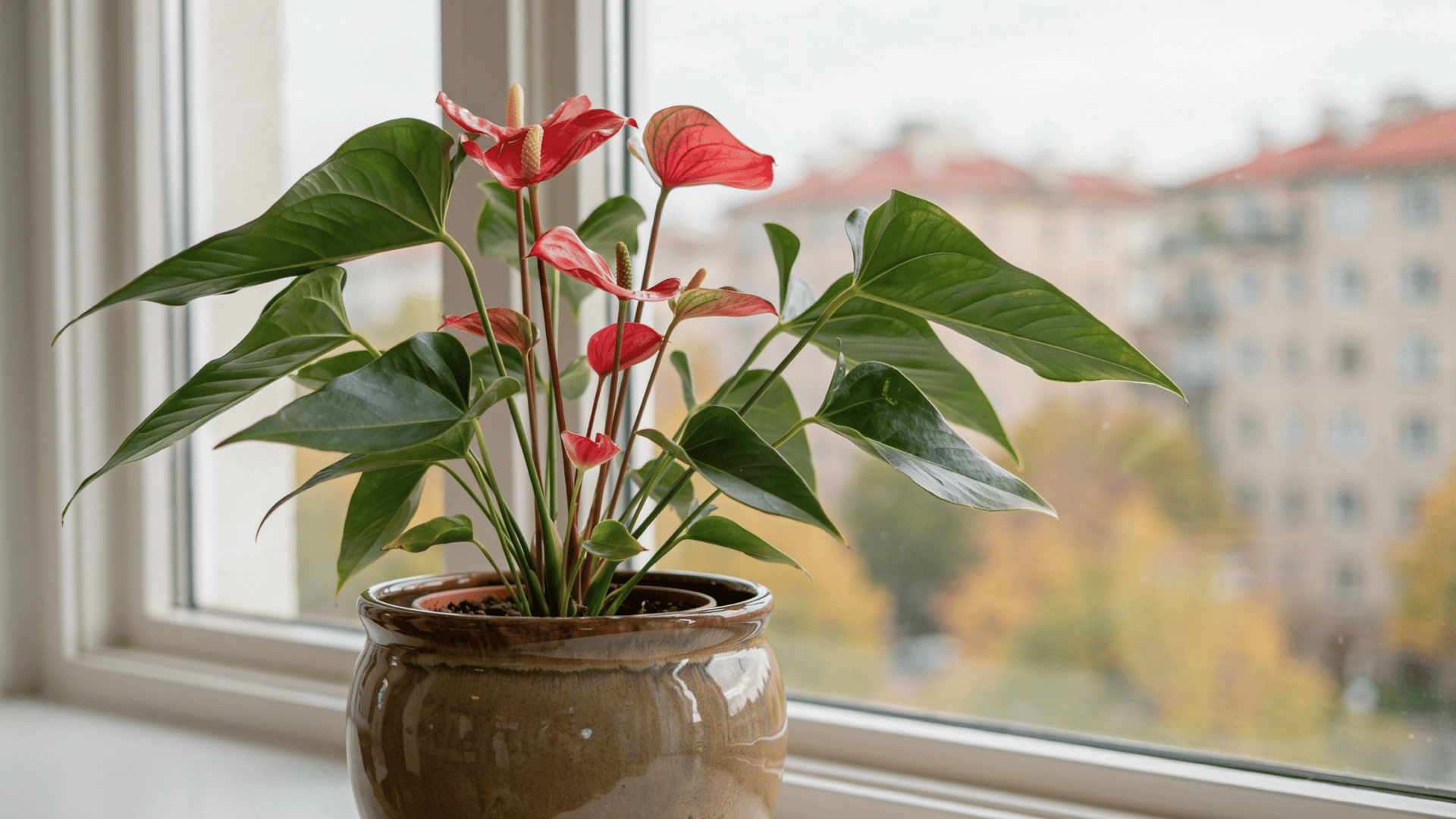 Anthurium plant with red flowers in glazed brown pot on windowsill overlooking city