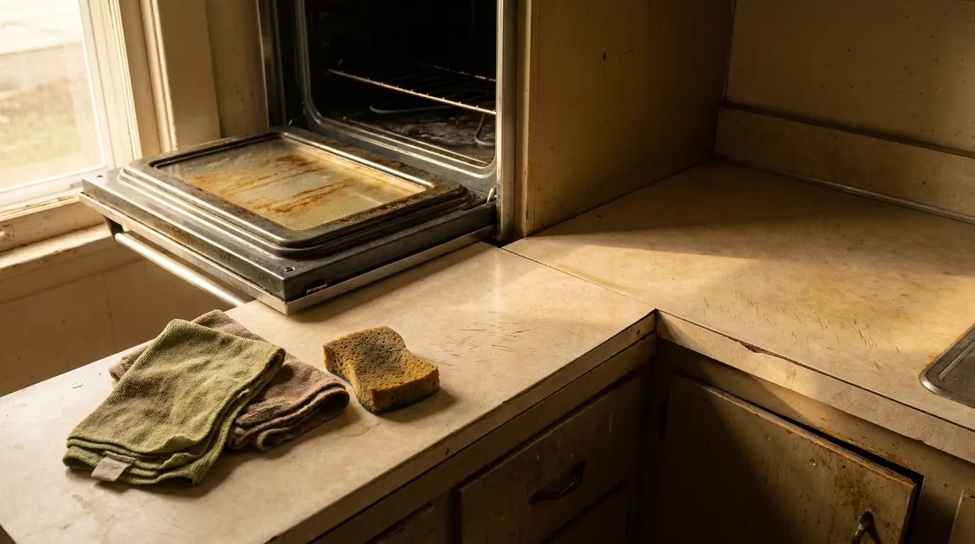 Open oven with cleaning cloths and sponge on stained kitchen countertop in warm light