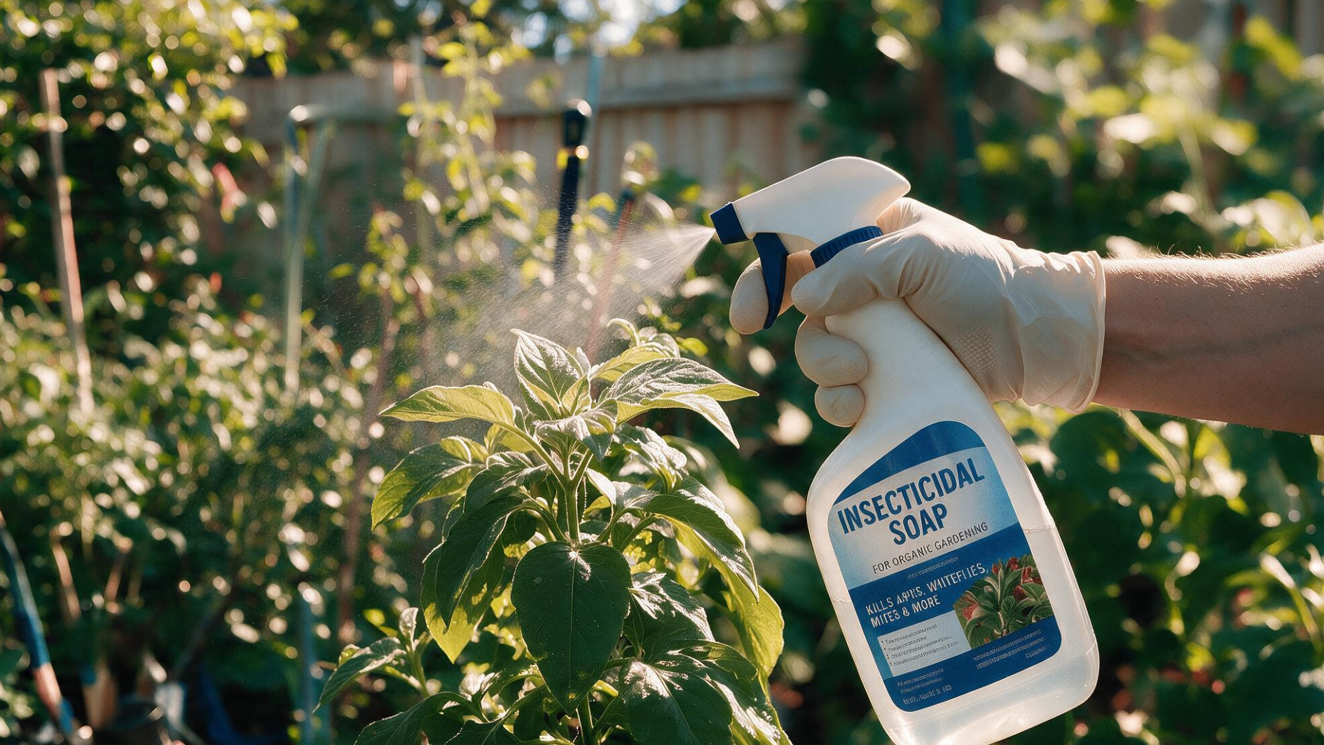 apply labeled aphid treatment spray to plant leaves and stems for targeted pest control and infestation management