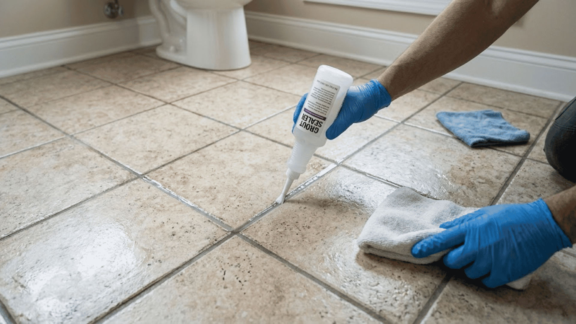 Applying sealer along tile lines while following how to seal grout steps for a protected surface.