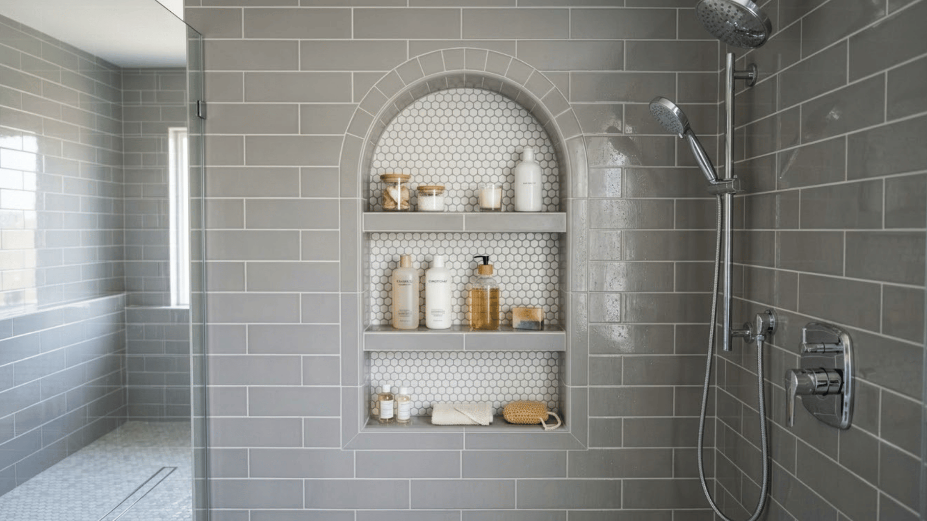 arched shower niche with toiletries and candles inside a modern tiled shower wall (1)