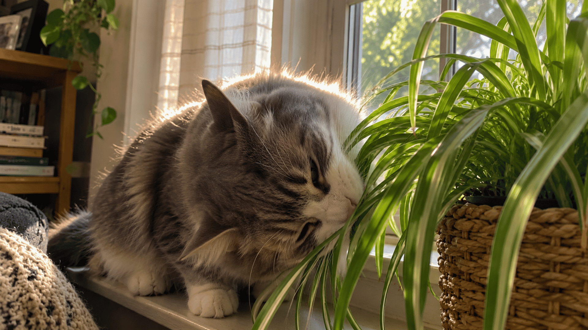 are spider plants toxic to cats cat sniffing a spider plant on a sunlit windowsill at home