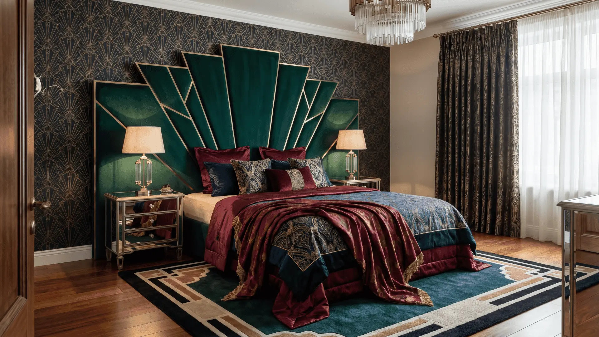 Art Deco bedroom with geometric headboard, patterned wall, and symmetrical nightstands with rich bedding.