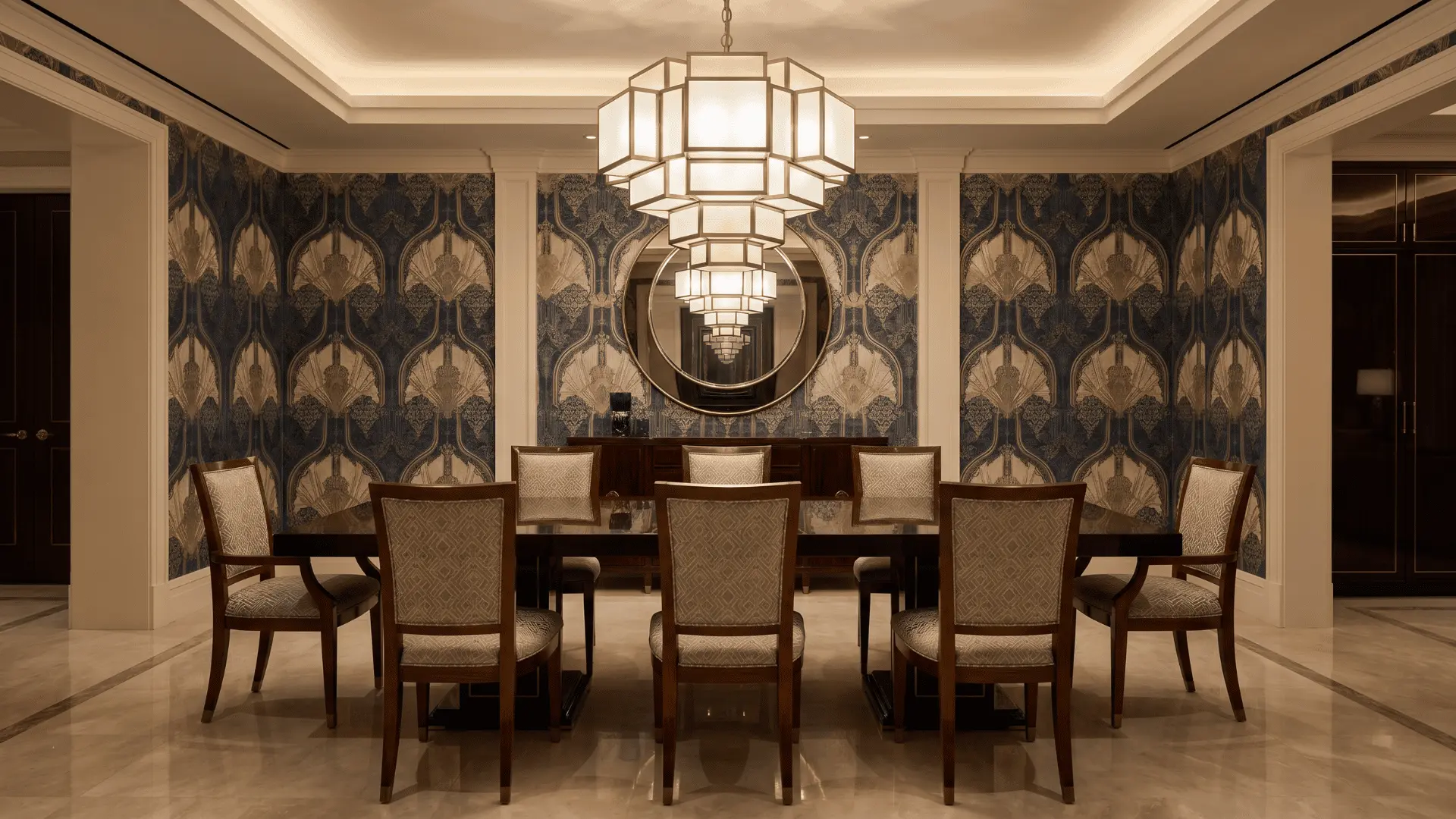 Art Deco dining room with central chandelier, dark table, and evenly spaced matching chairs.