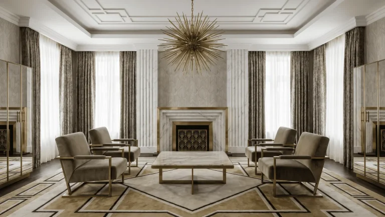 Art Deco interior with geometric patterns, marble surfaces, brass accents, and symmetrical layout.