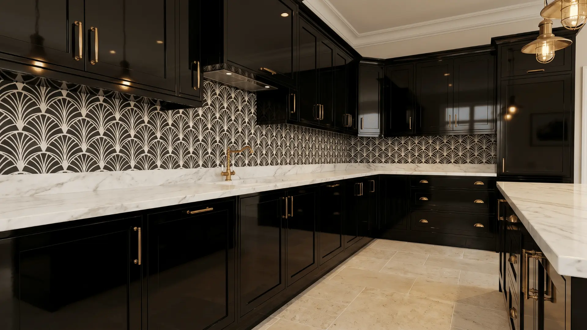 Art Deco kitchen with black cabinets, marble countertops, brass hardware, and geometric tile backsplash.