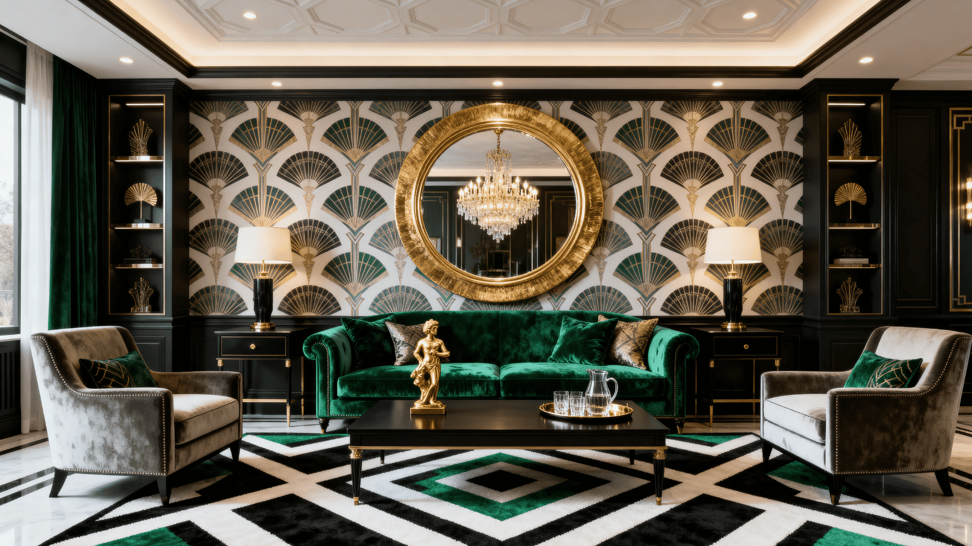 art deco living room with emerald sofa geometric rug gold mirror patterned wall and symmetrical velvet chairs