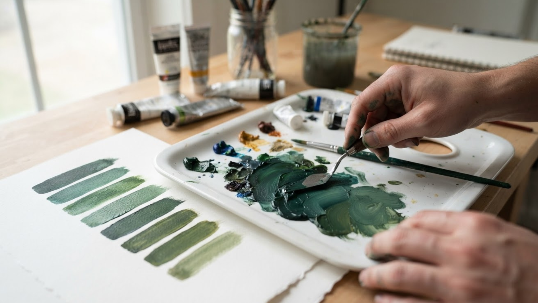 artist adjusting dark green paint shades on a white palette with a palette knife and fine brush in a studio