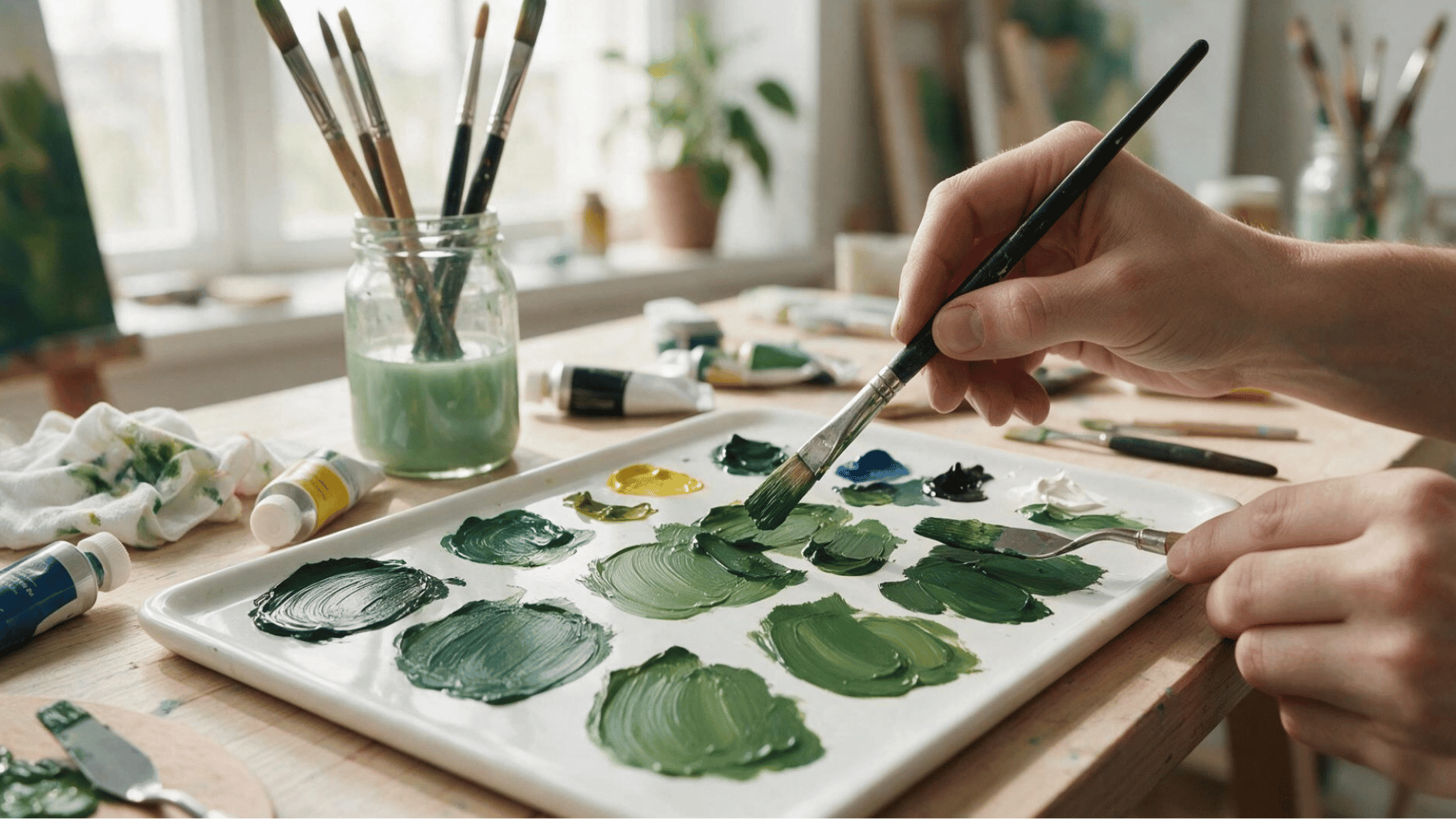 artist adjusting dark green paint swatches on a white palette