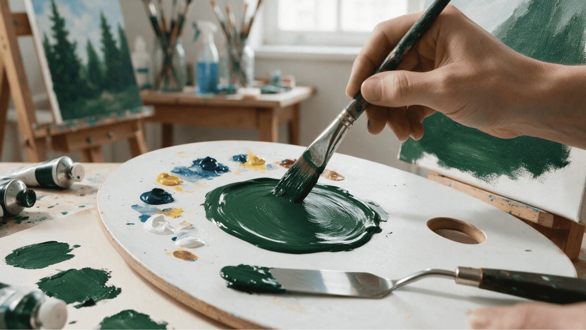 artist applying richly blended dark green paint onto a canvas with a brush