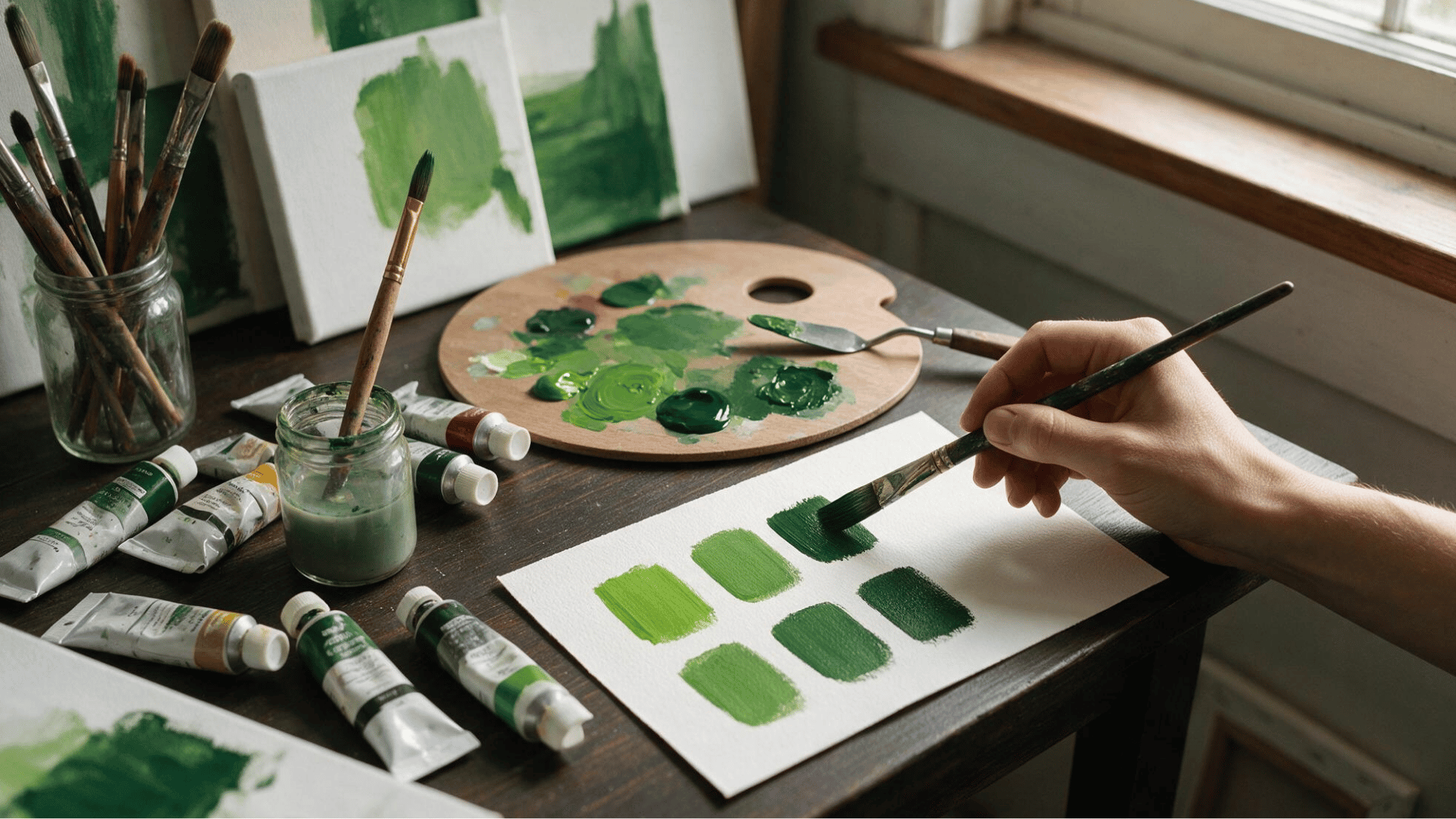 artist tests dark green paint on paper before starting the painting project.png