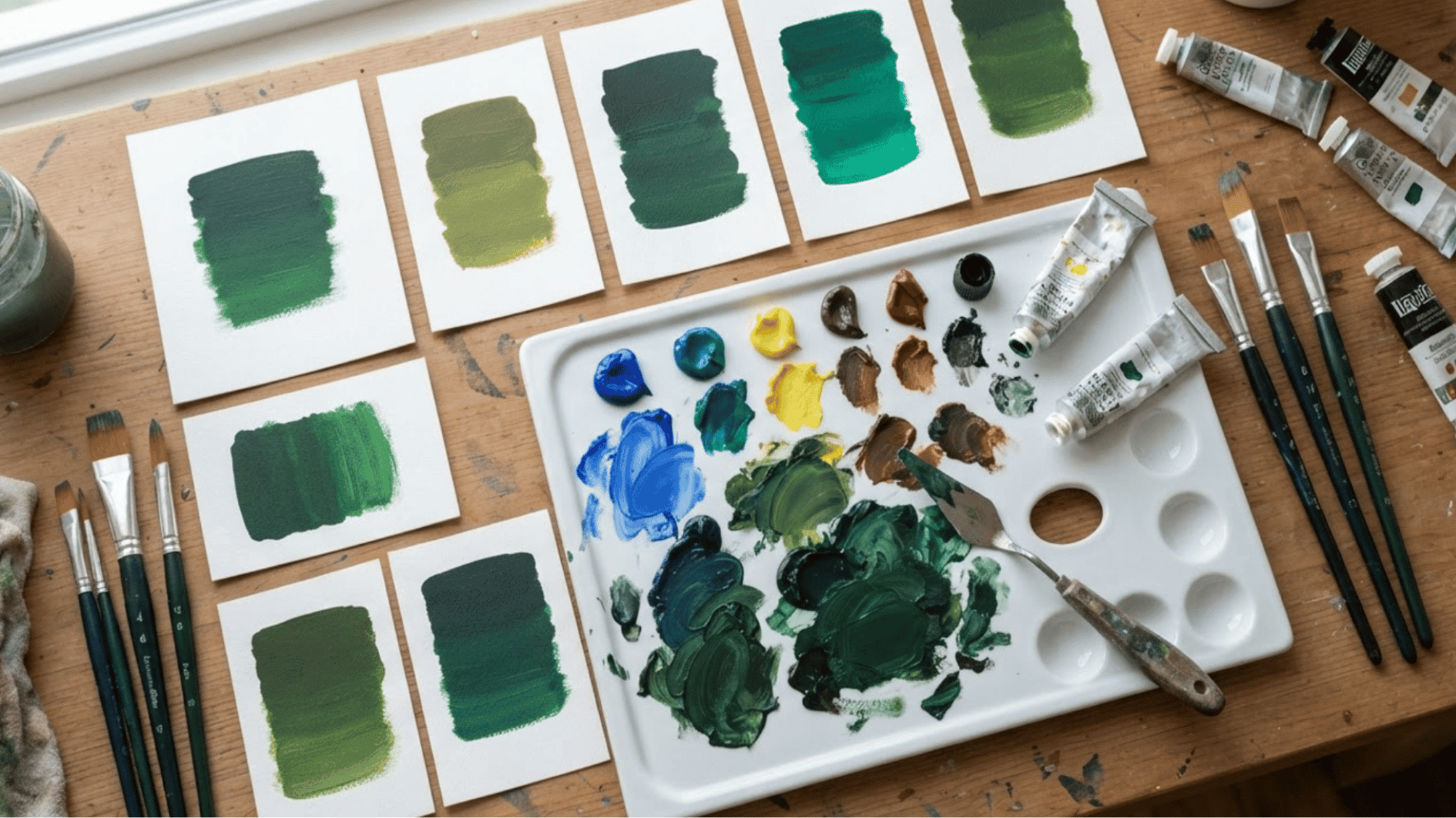 artists palette showing dark green paint shade swatches with brushes
