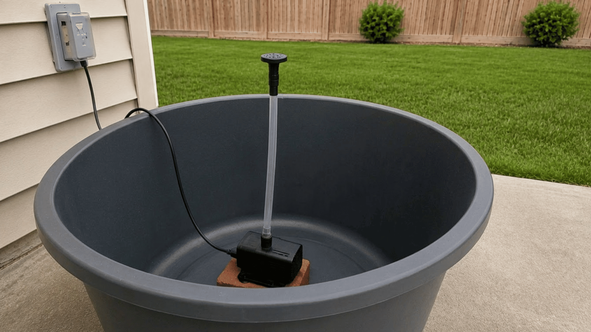 attached tube to a submersible pump inside a black plastic tub with fountain nozzle