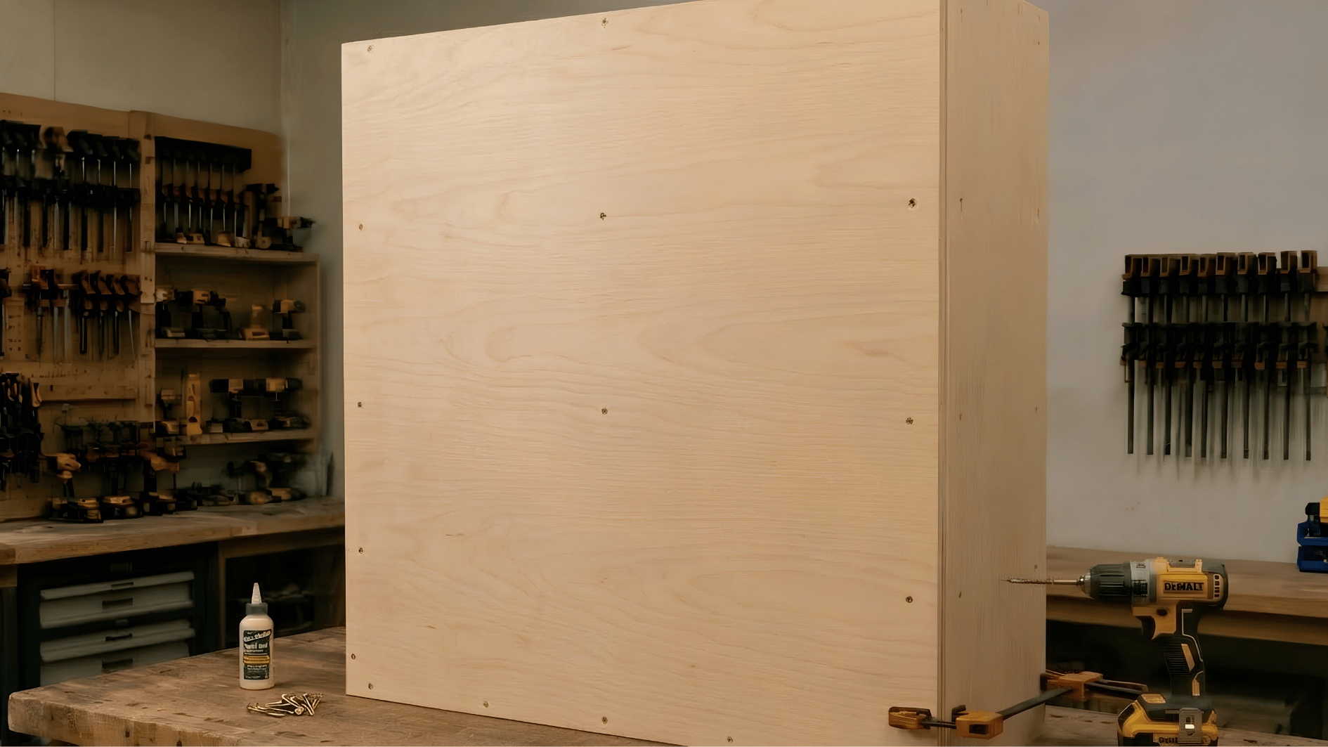 attaching a plywood back panel to a large bookshelf with a cordless drill in a woodworking shop (2)