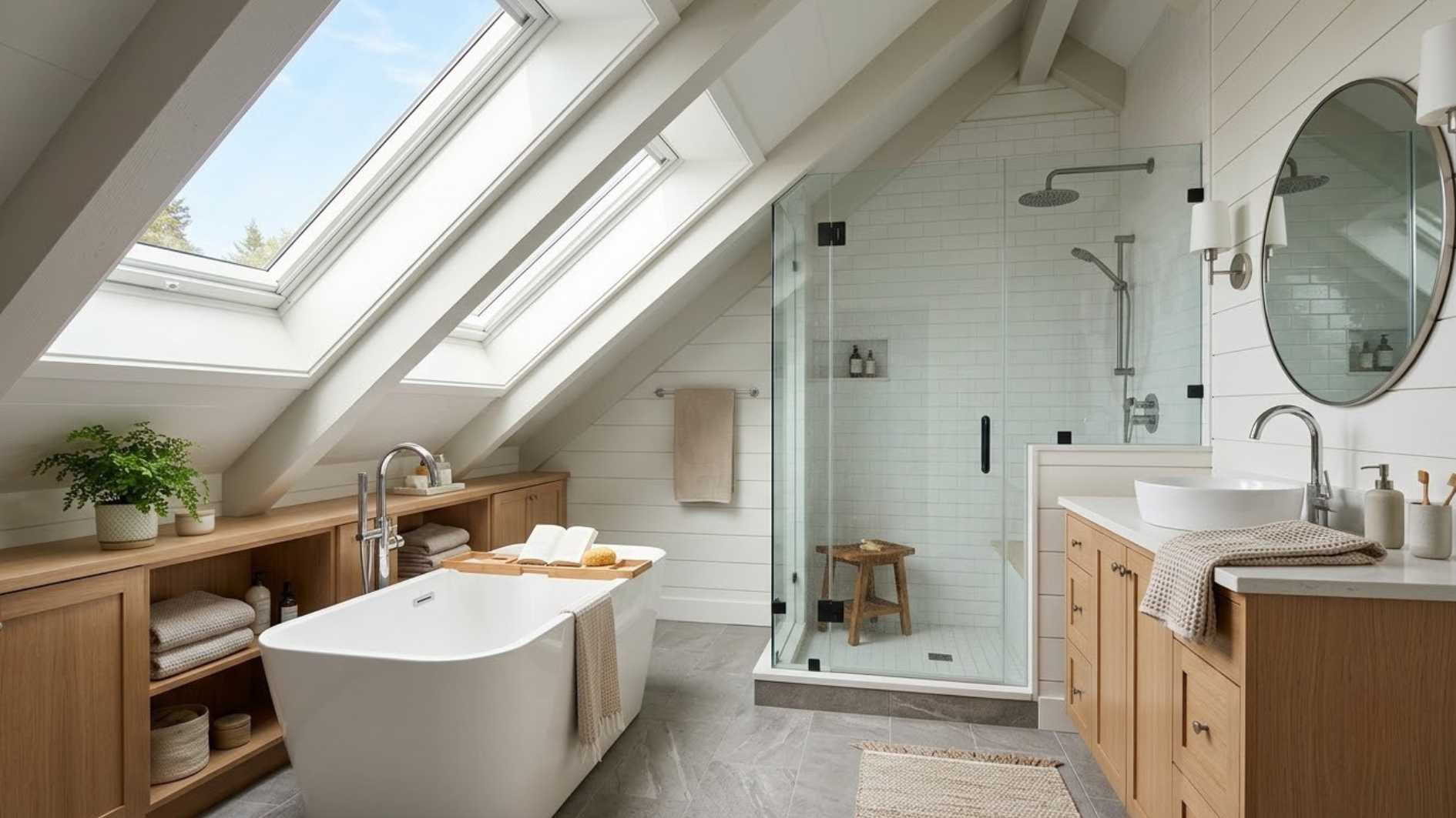 attic bathroom with skylights freestanding tub glass shower wood cabinets and bright natural daylight finishes