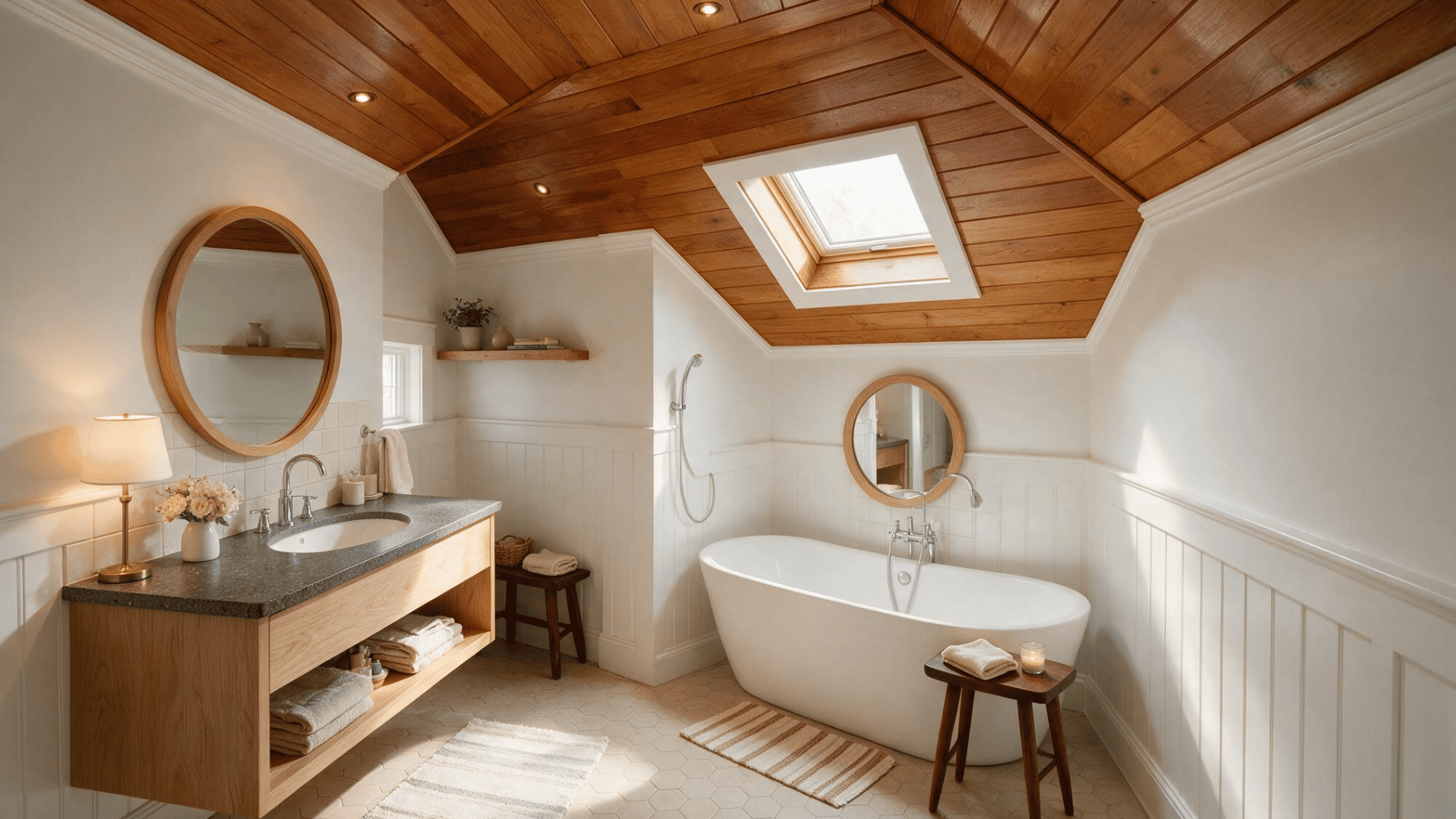 attic bathroom with wood ceiling skylight white beadboard freestanding tub oak vanity and warm daylight shines