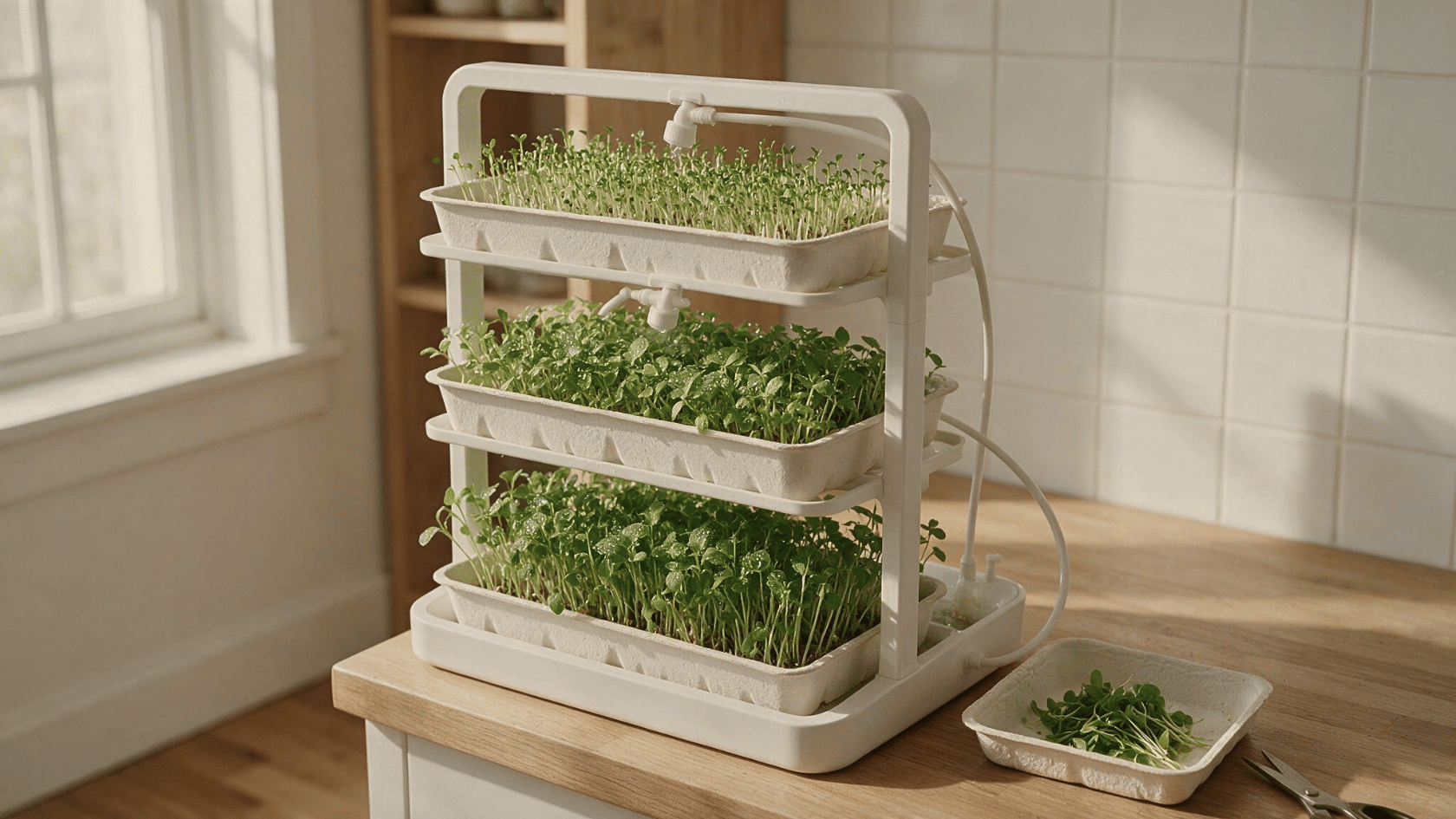 Automated indoor garden with stacked trays growing fresh microgreens.