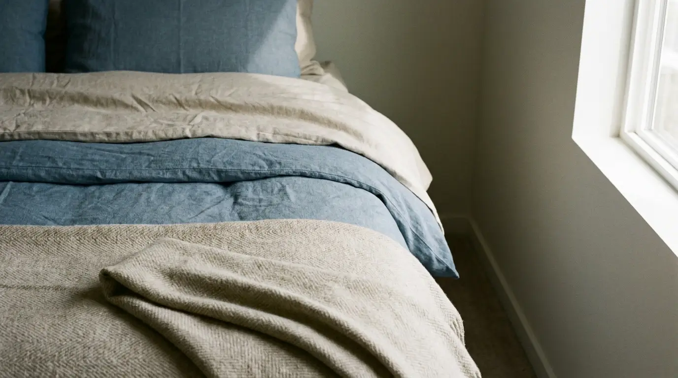 Cozy bed with blue and beige linens near a bright window in a softly lit bedroom