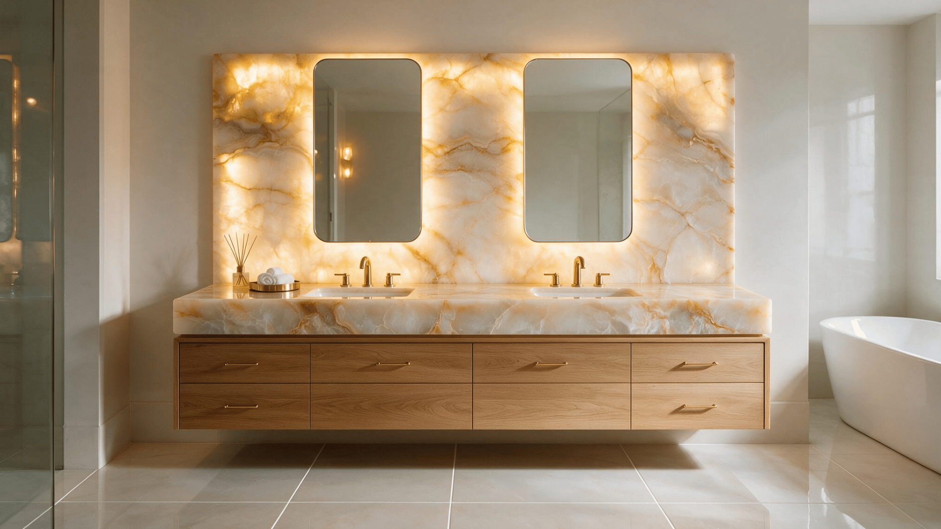 backlit onyx bathroom accent wall with glowing stone vanity and modern mirrors