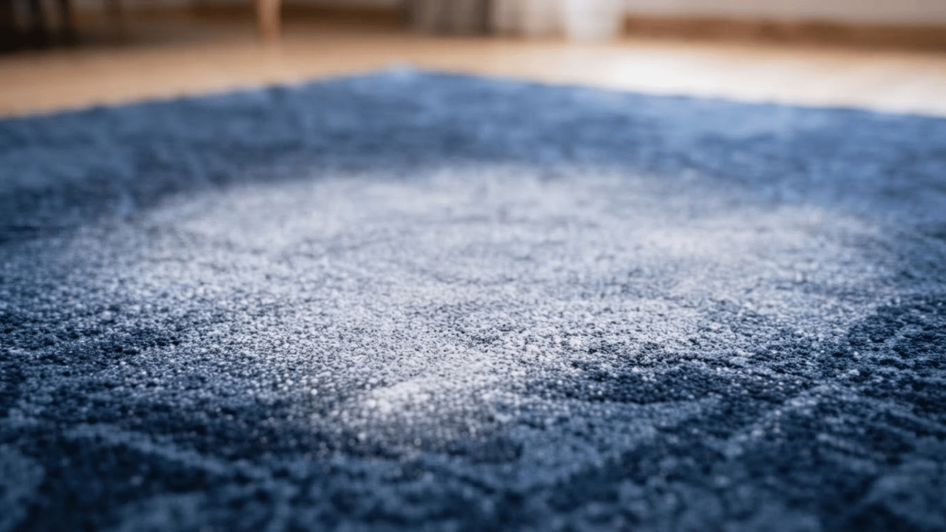 Baking soda spread across a blue carpet surface for cleaning