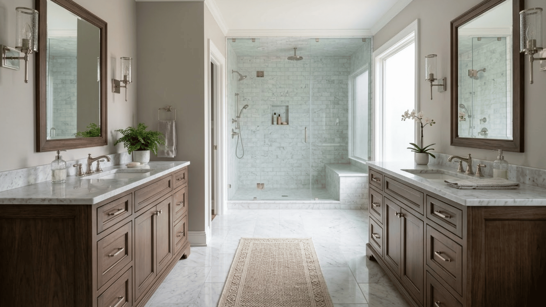 balanced master bathroom with two separate wooden vanities marble shower central aisle and bright side windows