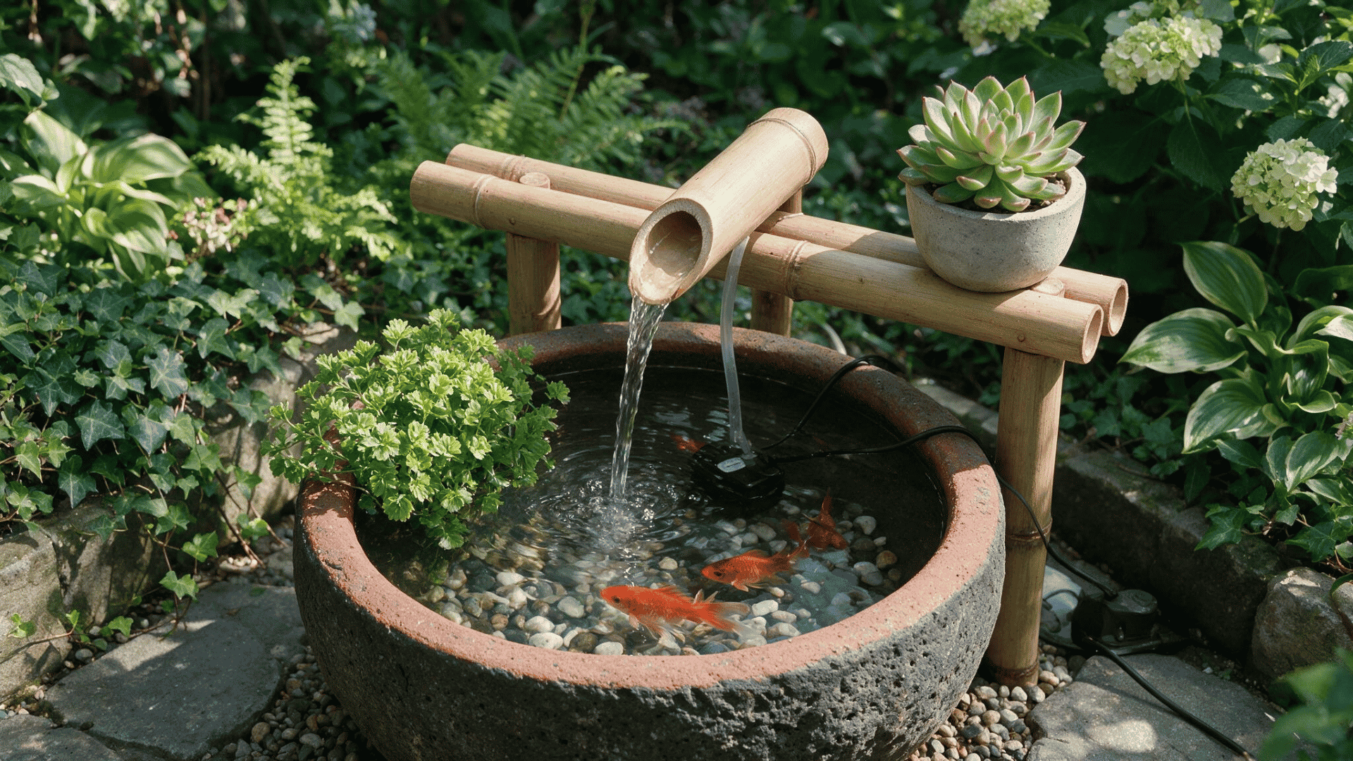 bamboo spout fountain pouring into a stone basin with goldfish and plants in a green garden settings (1)