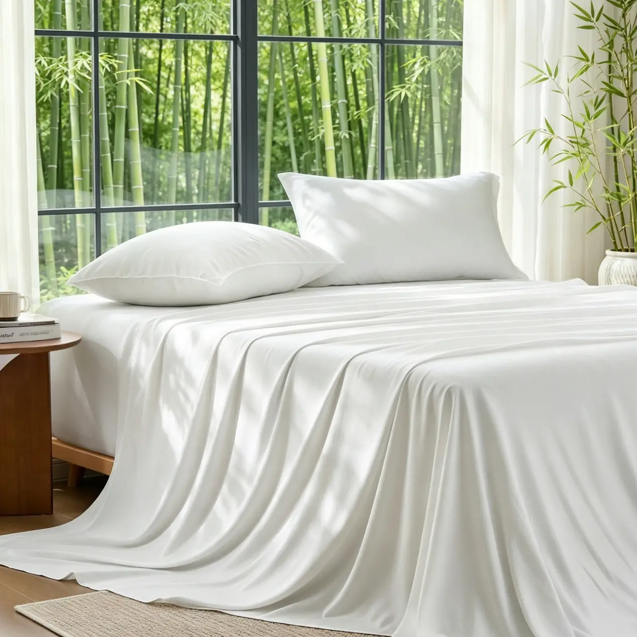 White bed with silky sheets beside large window overlooking bamboo garden