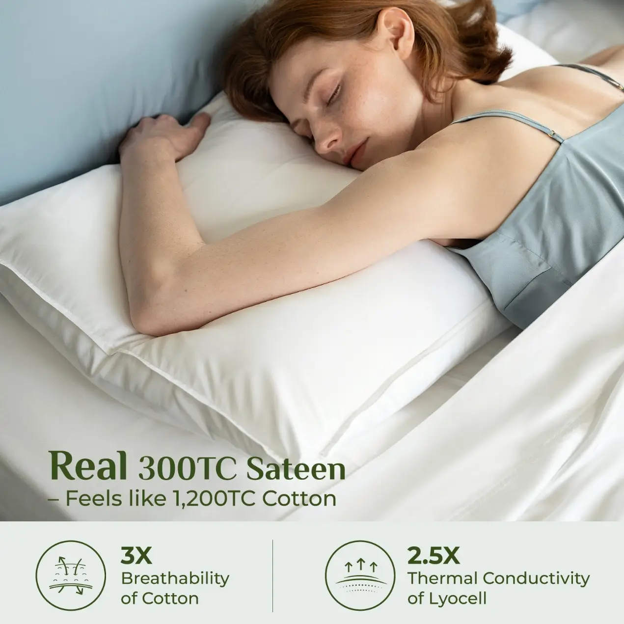 Woman sleeping on white pillow and bed sheets in bright room wearing light blue camisole