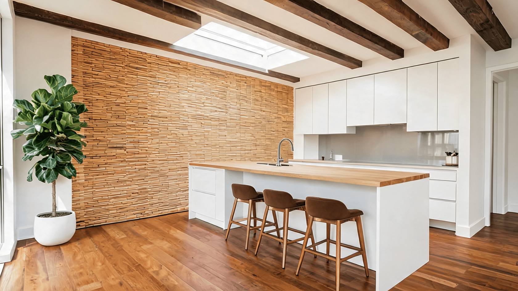 Bamboo wall panels creating a natural textured feature wall in a modern kitchen with wood accents