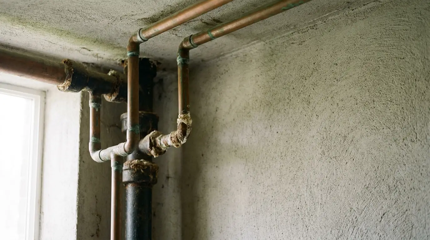 Rusty copper pipes with mineral buildup in a dimly lit corner of a room