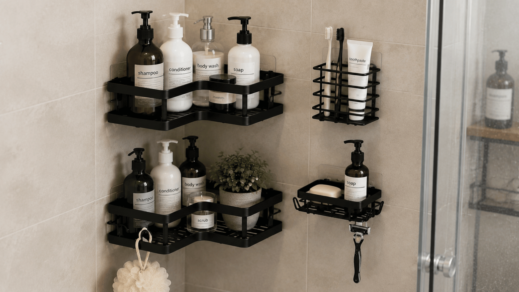 Dorm bathroom caddy with organized toiletries hung against the wall.