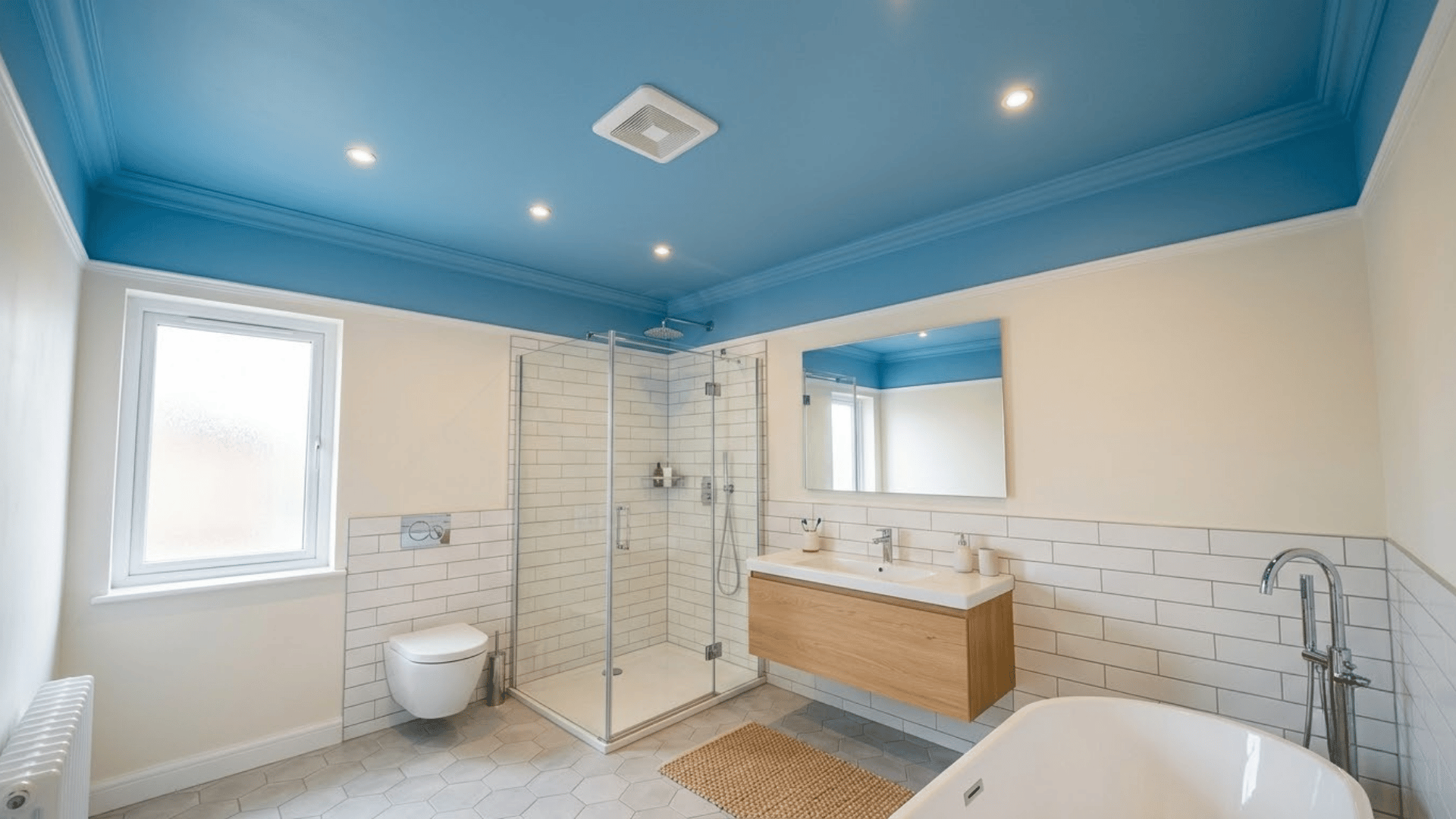 Bathroom interior with a blue ceiling above the sink and fixtures