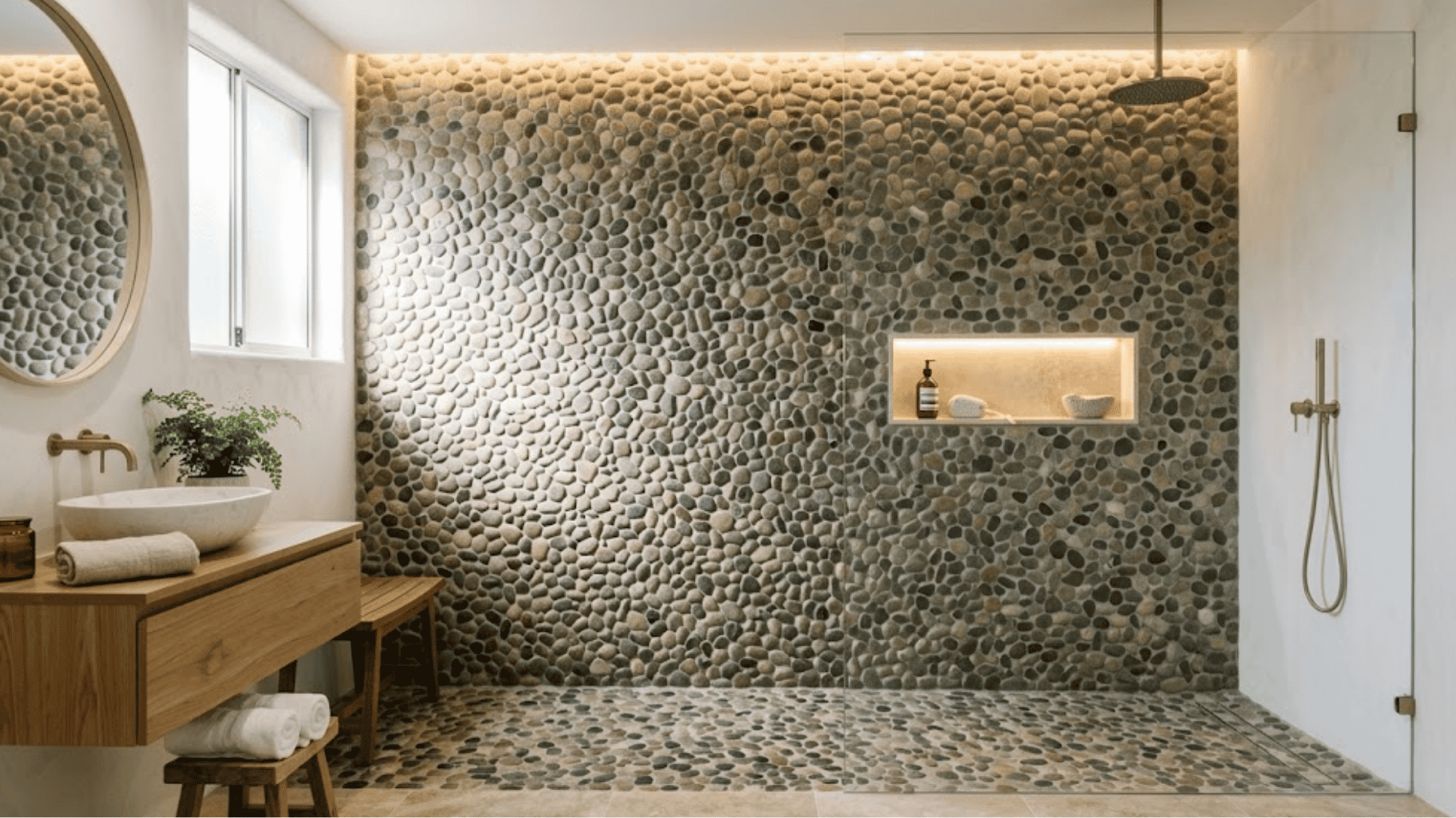 bathroom shower with pebble tile accent wall and natural stone texture