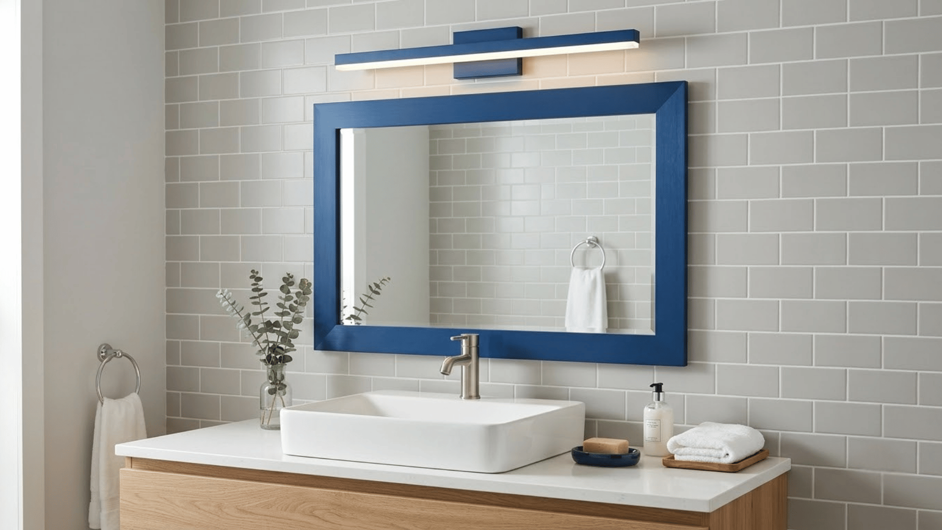Bathroom vanity with a blue mirror or blue lighting fixture above the sink