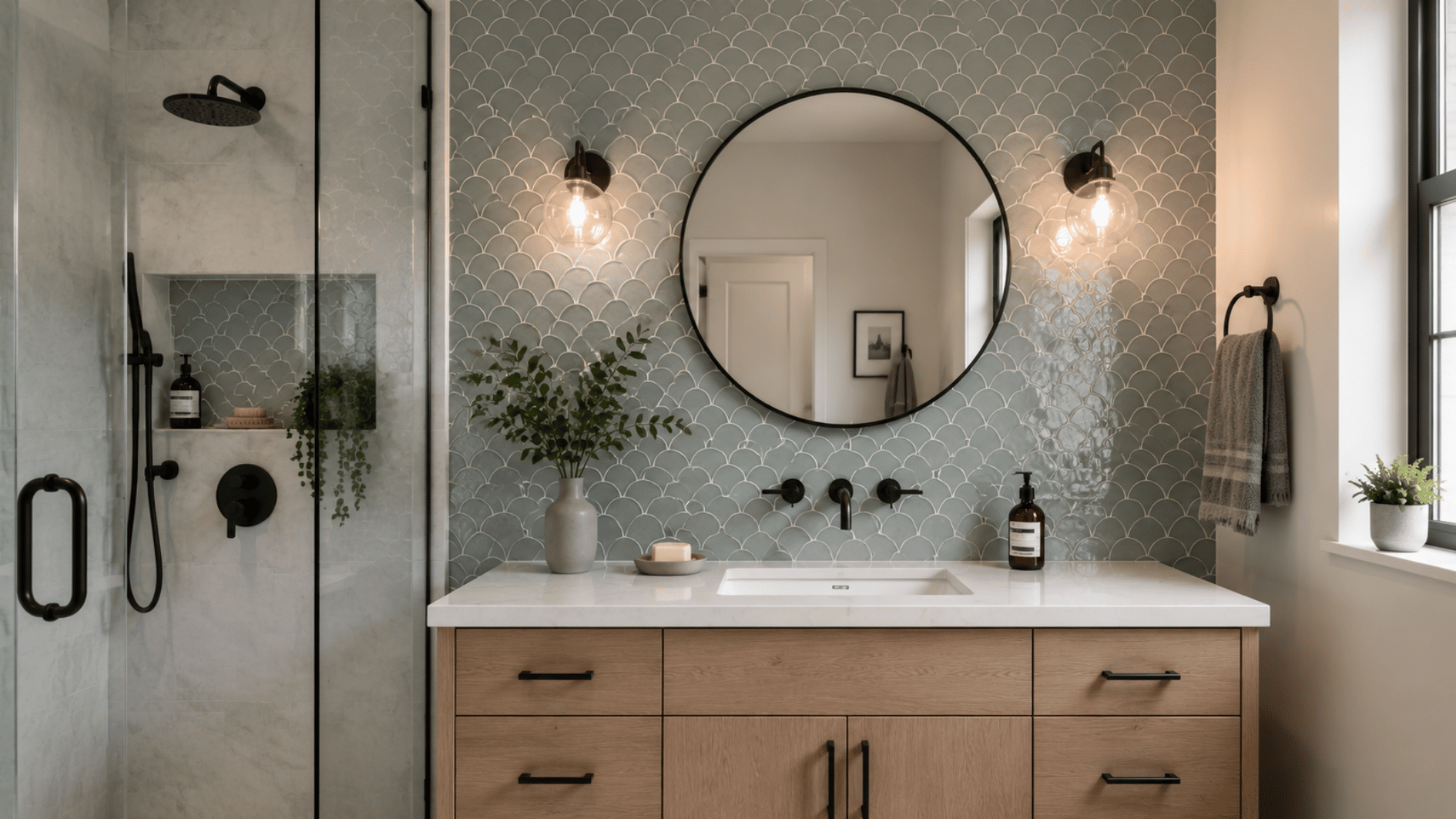 bathroom wall covered with scalloped tiles creating a curved textured pattern